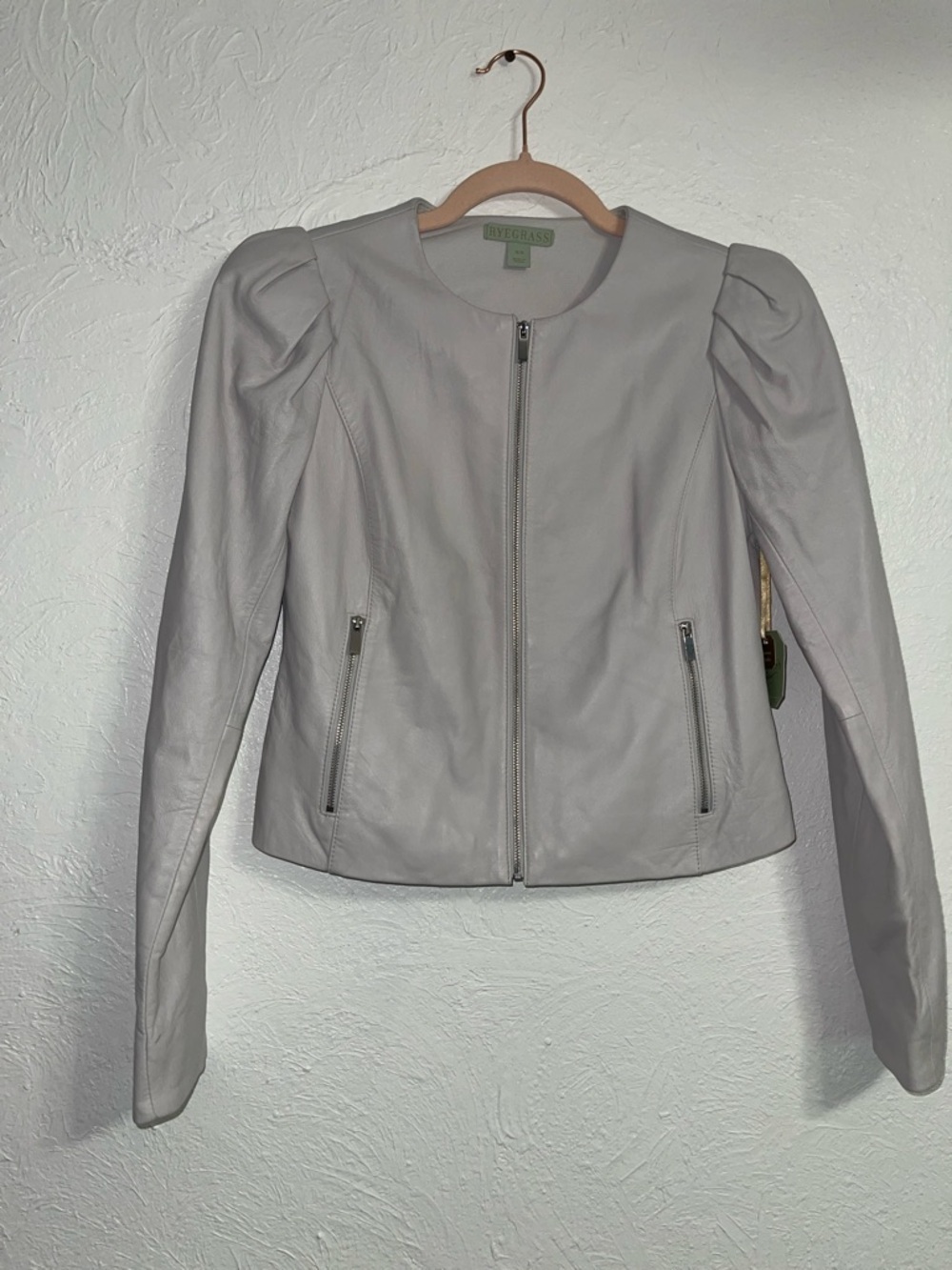 NWT Grey Genuine Leather Jacket | Puff Shoulder Cropped Moto | XS
